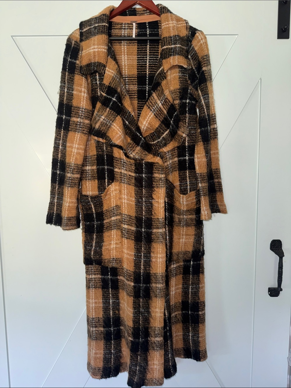 Free People Plaid Long Plaid Duster Sweater in Black & Tan